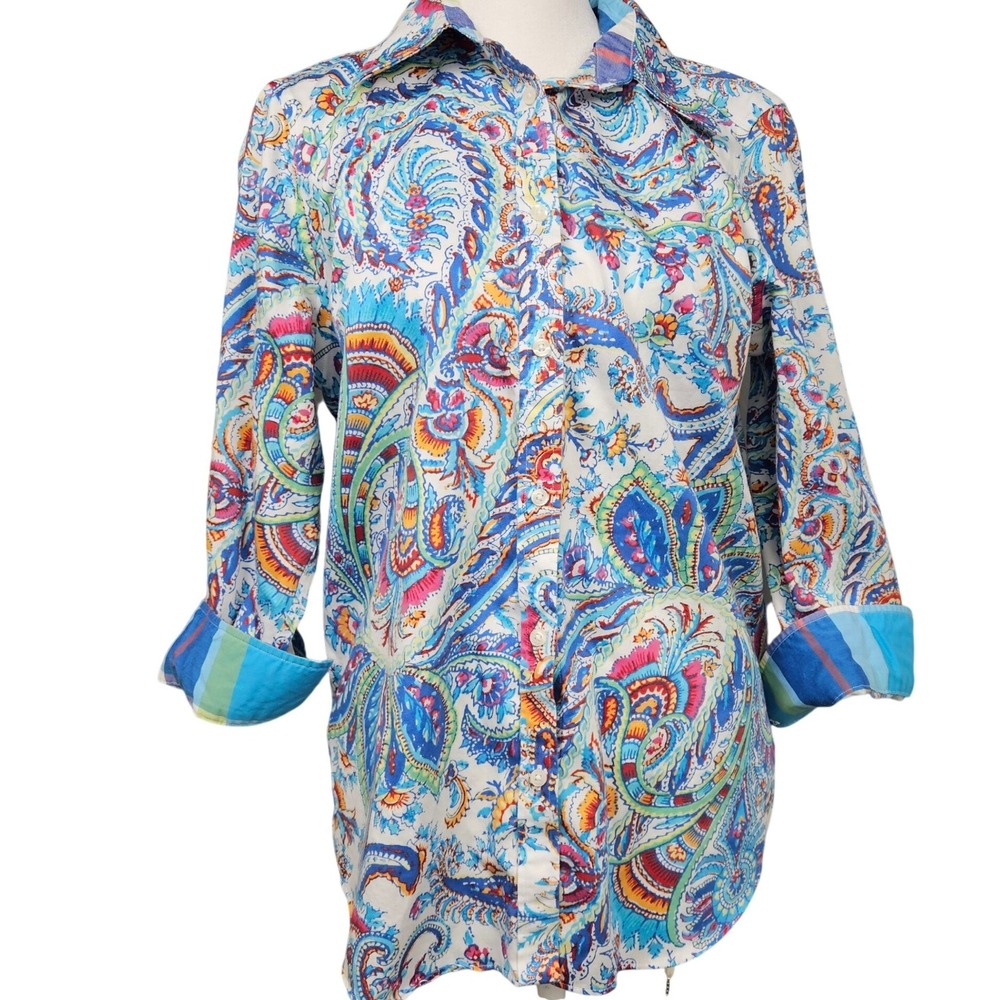 Chaps Womens Medium Paisley Button Down Shirt No Iron Cotton Multi Color Blouse